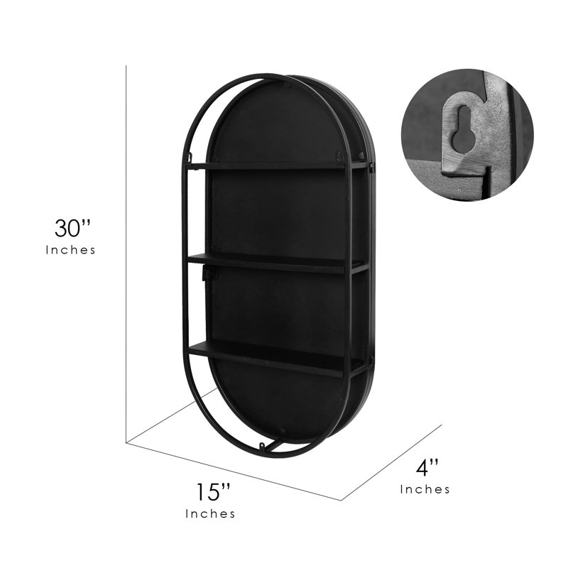 Latitude Run® Black Metal Framed Oval Vanity Wall Mirror With Shelves